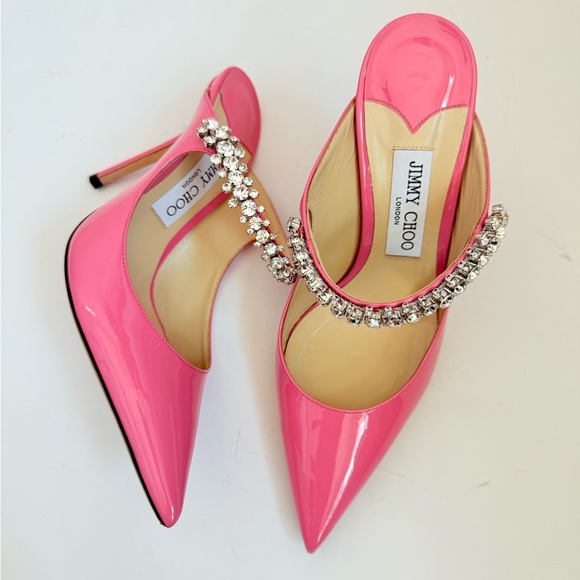 Jimmy Choo Candy Pink Patent Leather Bing 100 Crystal Embellished Mule pumps 38 - Picture 1 of 10